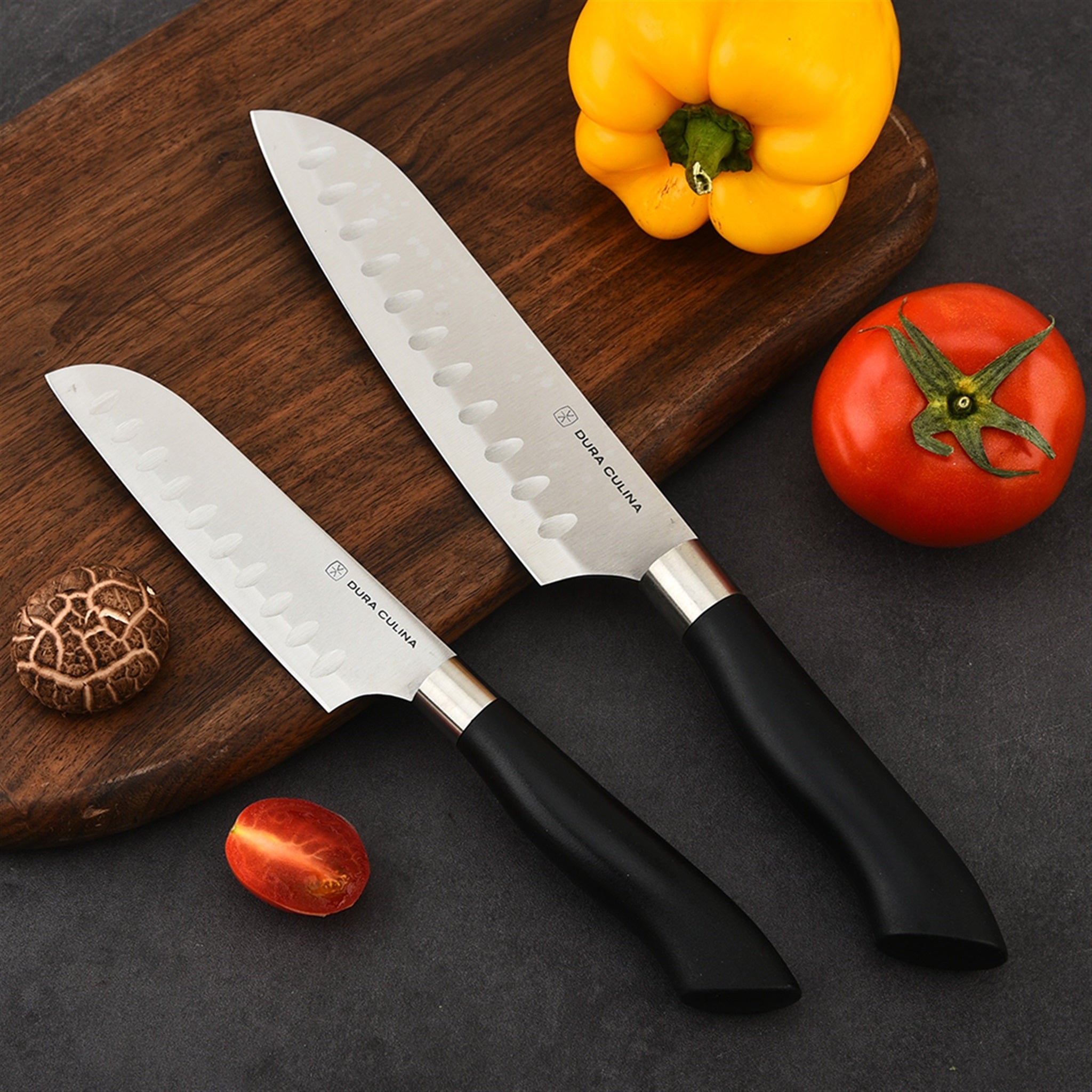 2 Piece Santoku Knife Set with Matching Blade Guards, Black