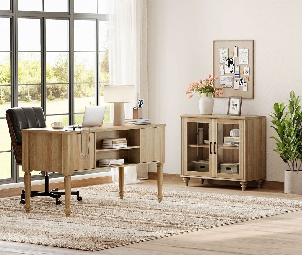 Distressed Oak Farmhouse Executive Desk With Glass