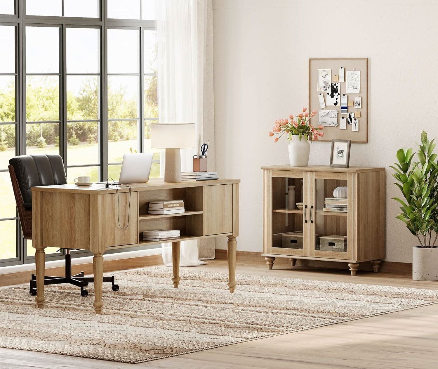 Distressed Oak Farmhouse Executive Desk With Glass